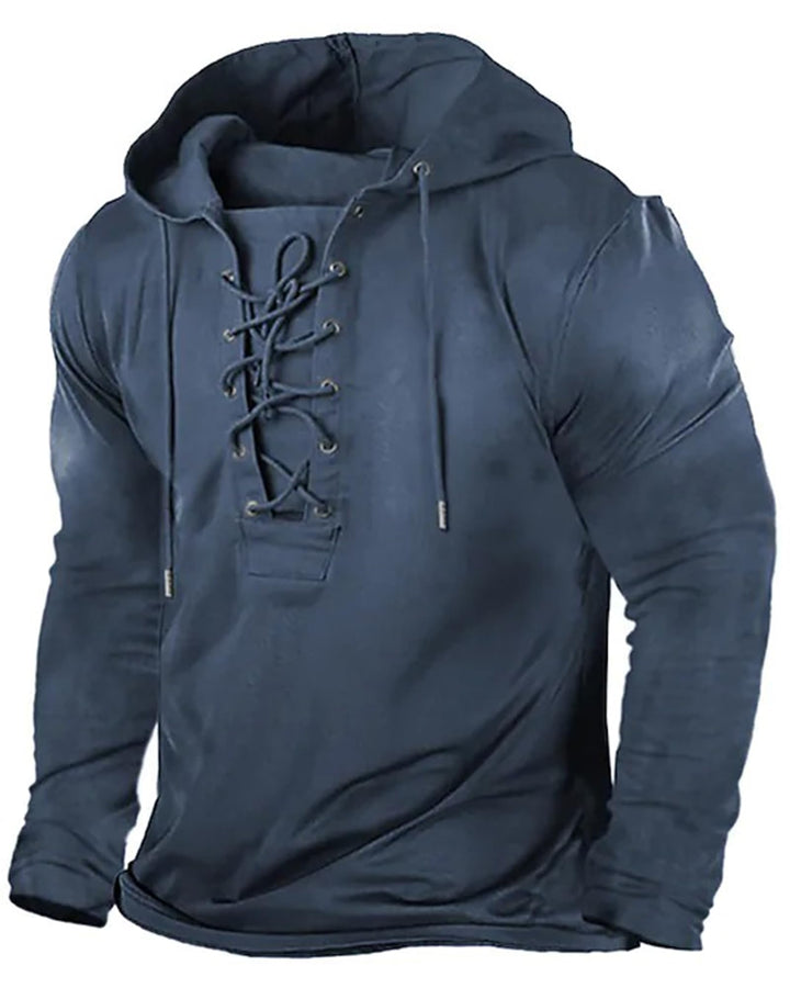 Herren Vintage Hoodie Langarm Shirt Männer Lace Up Hooded Langarmhemd Distressed Casual Outdoor Takt