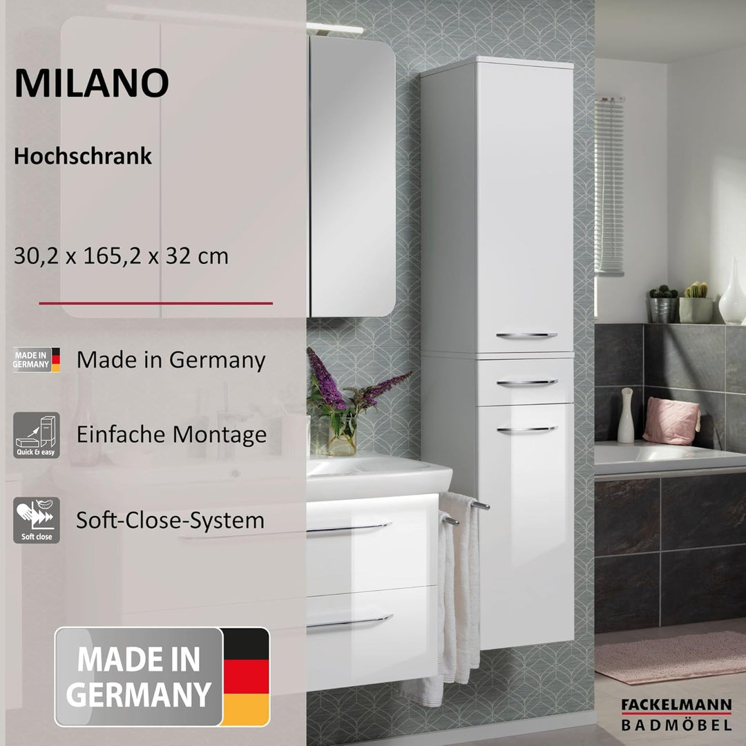 FACKELMANN Milano Hochschrank mit 2 Türen und 1 Schublade – Schrank fürs Badezimmer (30,5 cm x 165,5