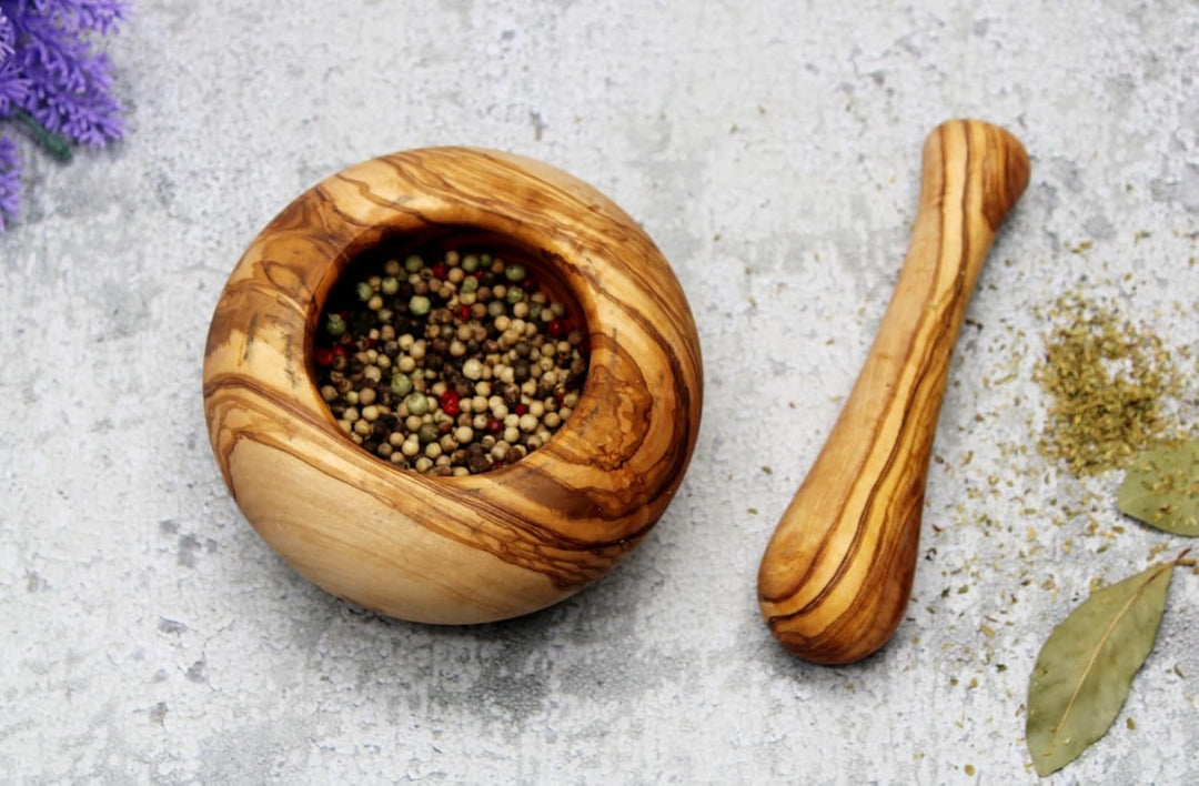 DAGDEG Mörser &amp; Stössel rund aus Olivenholz, Holzmörser,Kräuter-Gewürz-Mörser aus Holz, Kräutermühle