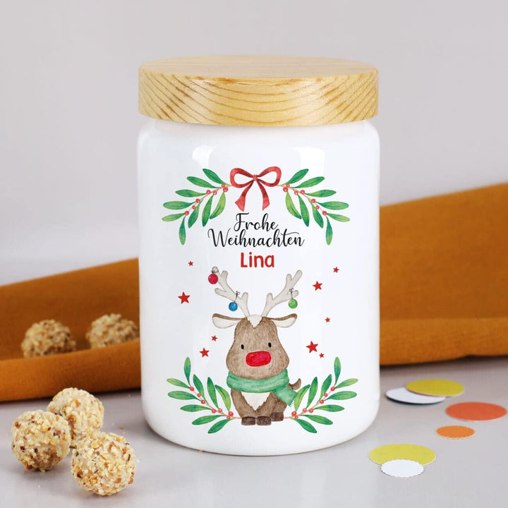 Herz & Heim® Keksdose personalisiert mit Ihrem Wunschnamen zu Weihnachten für Ihre Plätzchen (Elch),