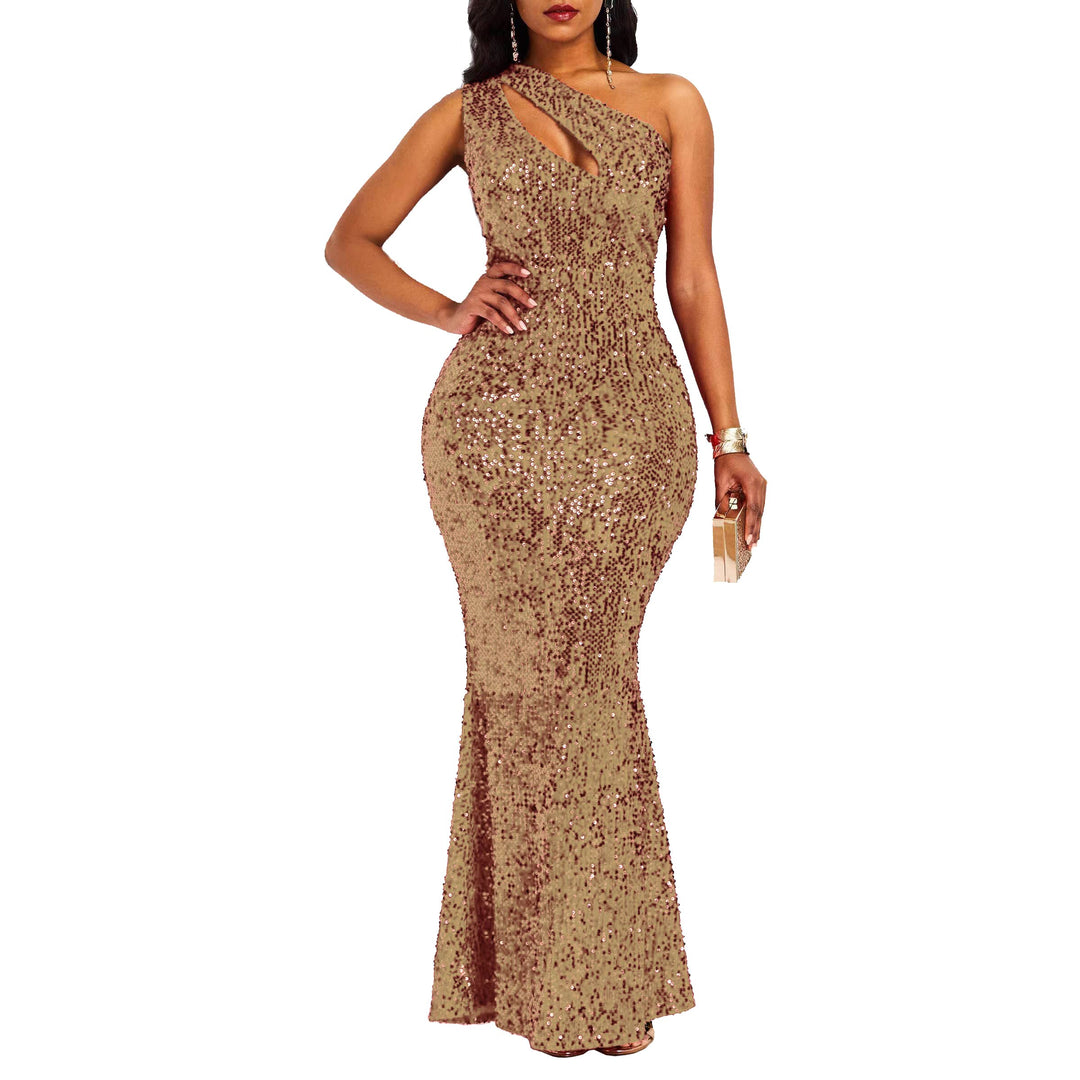 VERWIN Pailletten-Maxikleid für Damen, ärmellos, schräger Kragen, figurbetontes Kleid, Partykleid L