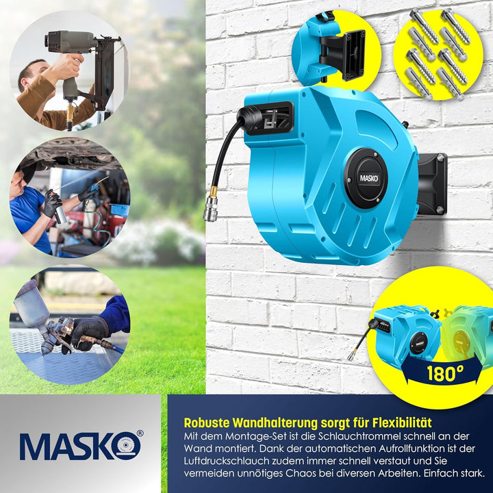 MASKO® 20m Druckluftschlauch Aufroller automatisch 1/4" Anschluss - Schlauchtrommel Wandschlauchhalt