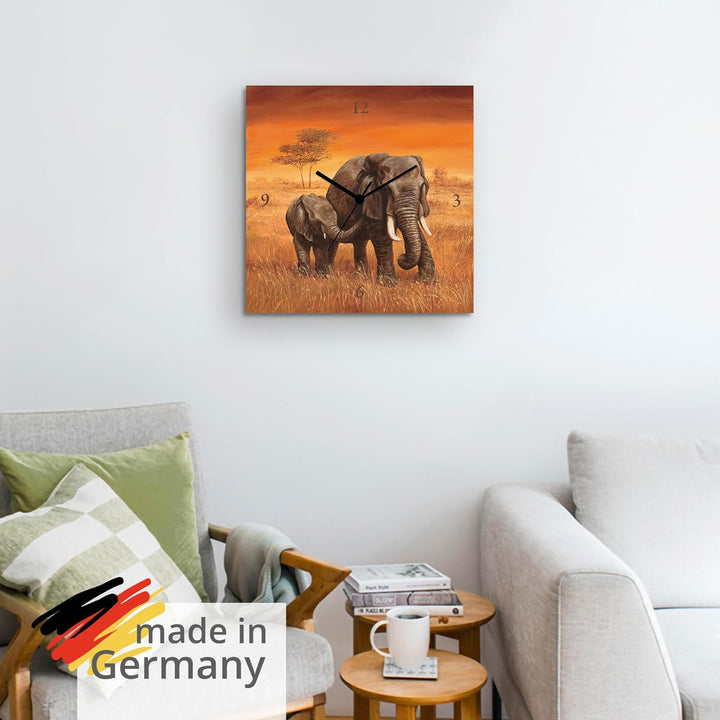 ARTLAND Wanduhr ohne Tickgeräusche Leinwand Quarzuhr 30x30 cm Quadratisch Lautlos Afrika Elefant Tie