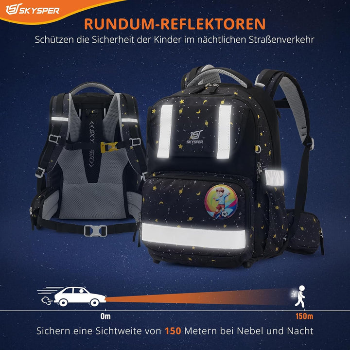 SKYSPER Schulranzen-Set 5-teilig, Schulrucksack Ergonomischer Tragesystem 16L Schulranzen mit 360° R