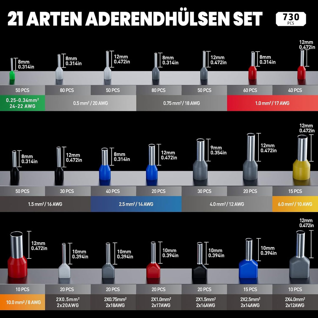 PEBA Crimpzange Aderendhülsen Set, Sechskant Crimpzange [0,08-10 mm²] mit 21 Arten Isolierte Aderend