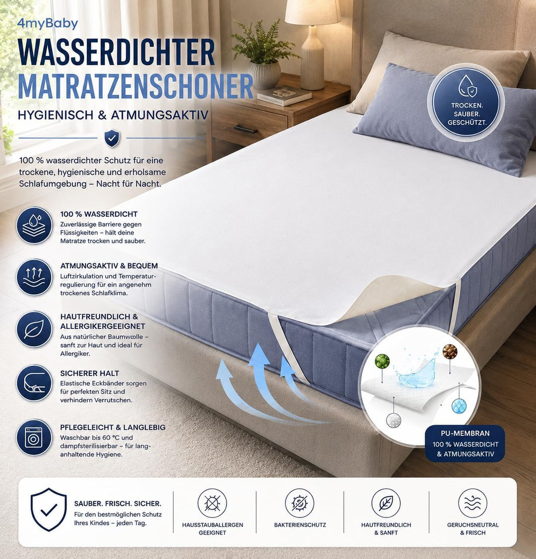 4myBaby Matratzenschutz Wasserdicht Matratzenschoner wasserdichte Betteinlage Molton (Oberschicht 10