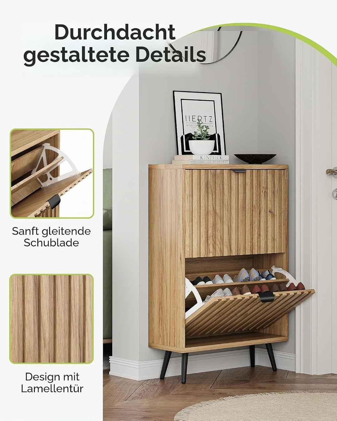 Schuhschrank, geriffelter Schuhschrank für Eingangsbereich, versteckter Schuhschrank mit Metallbeine
