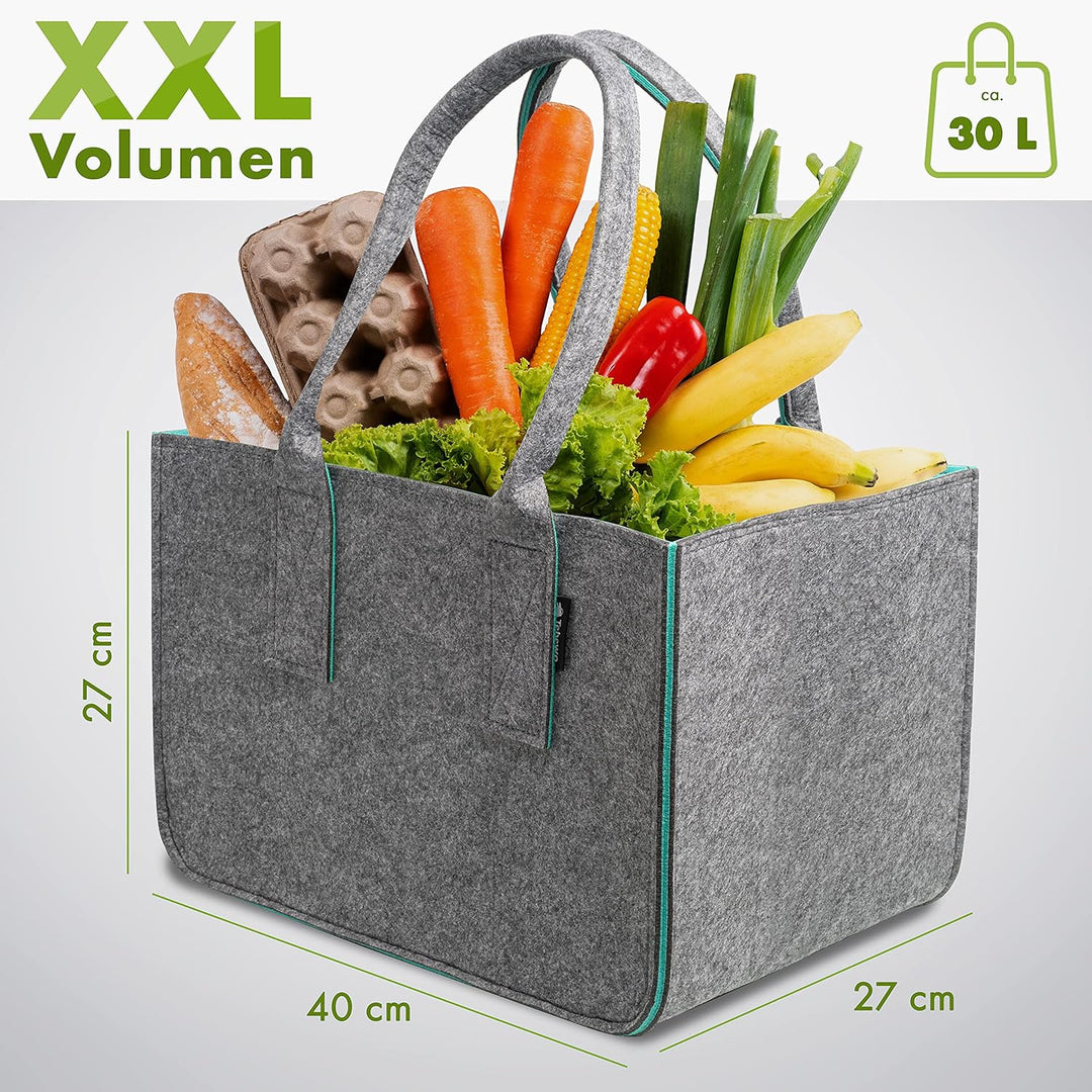 Shopping Bag aus recyceltem Filz-Stoff, grosse Einkaufs-Tasche, zweifarbig dunkelgrau/türkis, lange
