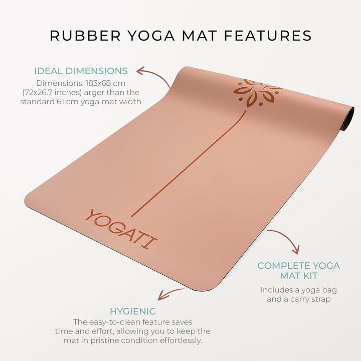 YOGATI® Yogamatte rutschfest Naturkautschuk mit Tasche - Yoga Matte gross mit Markierung, Sportmatte