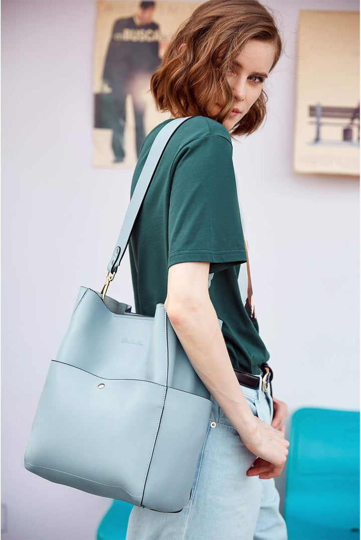 BOSTANTEN Leder Damen Handtasche Schultertasche Umhängetasche Designer Tasche Gross Hellblau, Hellbl