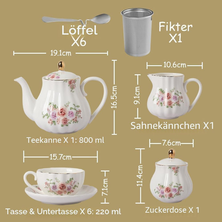 Sweejar Home 22 Stück Europäischen Stil Teeservice, und Untertasse Set, Keramik Kaffeeset, Teeset Ro
