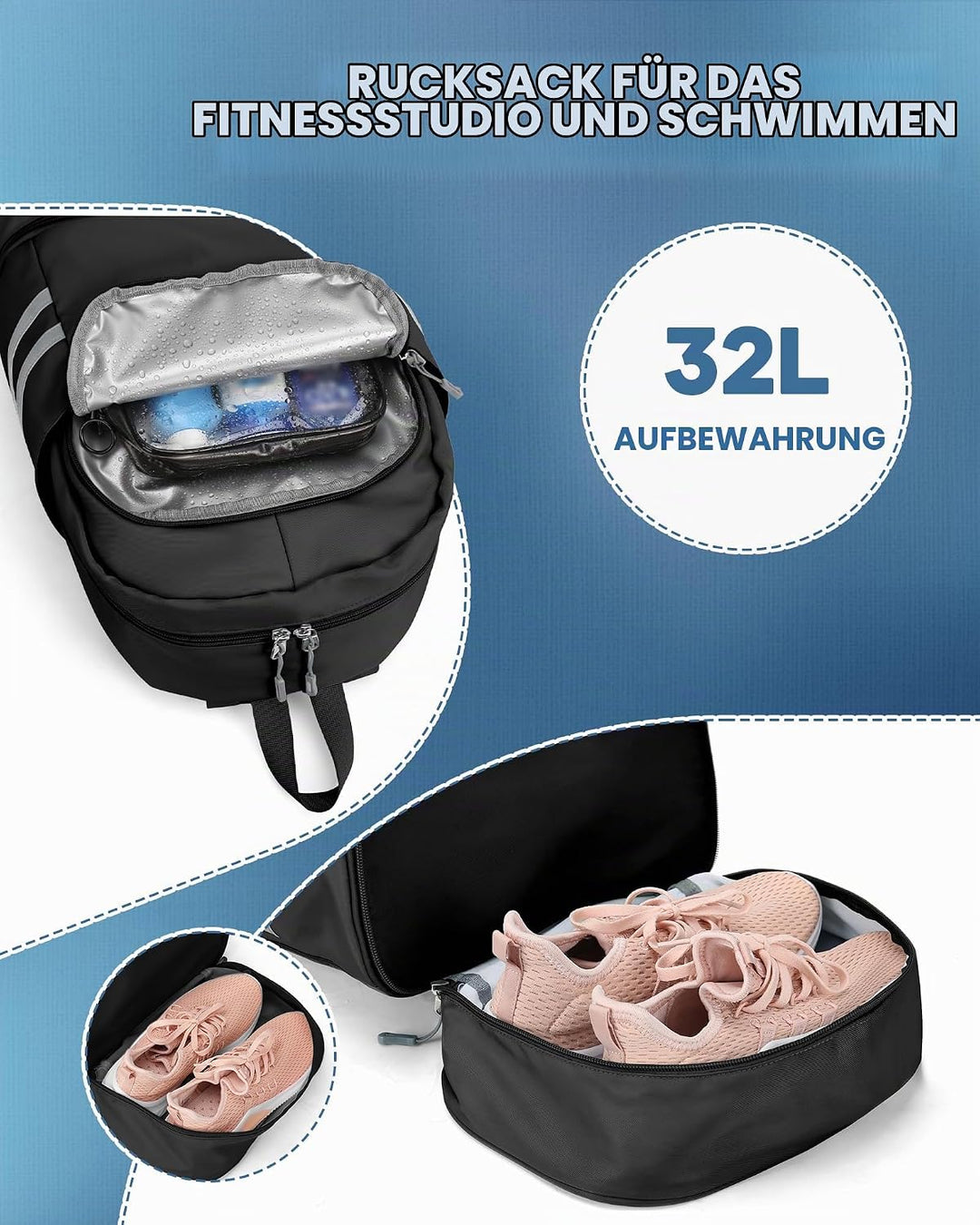 SZLX Sportrucksack für Frauen mit Schuhfach und Nasstasche Faltbarer Handgepäckrucksack Grosser Reis