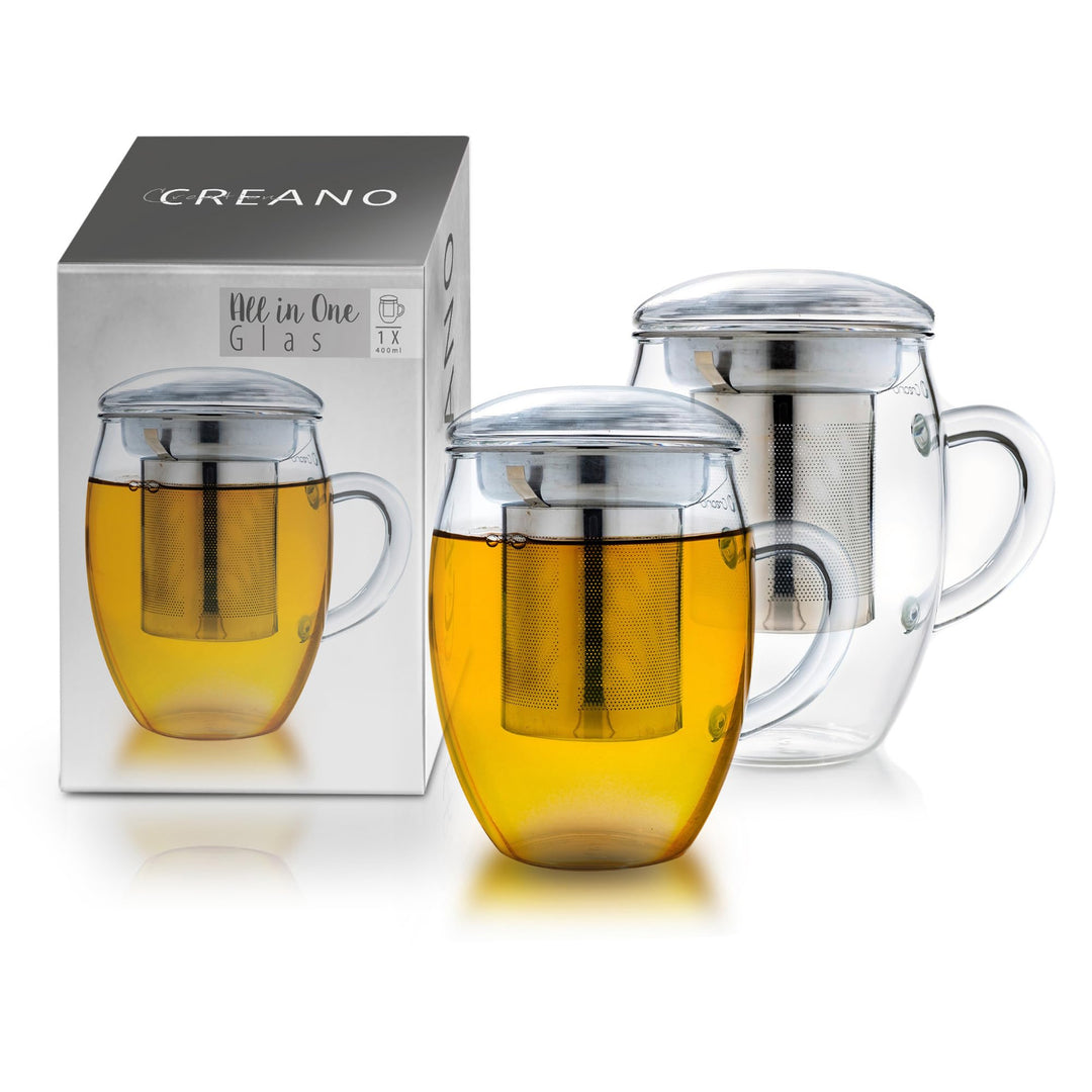 Creano Teeglas All in one 400ml 2er Set, Grosse Teetasse mit Edelstahlsieb und Deckel aus Glas, Teeb