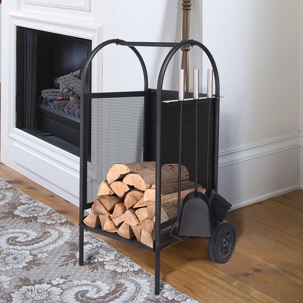 Brennholz Warenkorb mit Rädern, Brennholz Log Rack mit 3 Tools Kamin Log Carriers Inhaber schwarz Sc