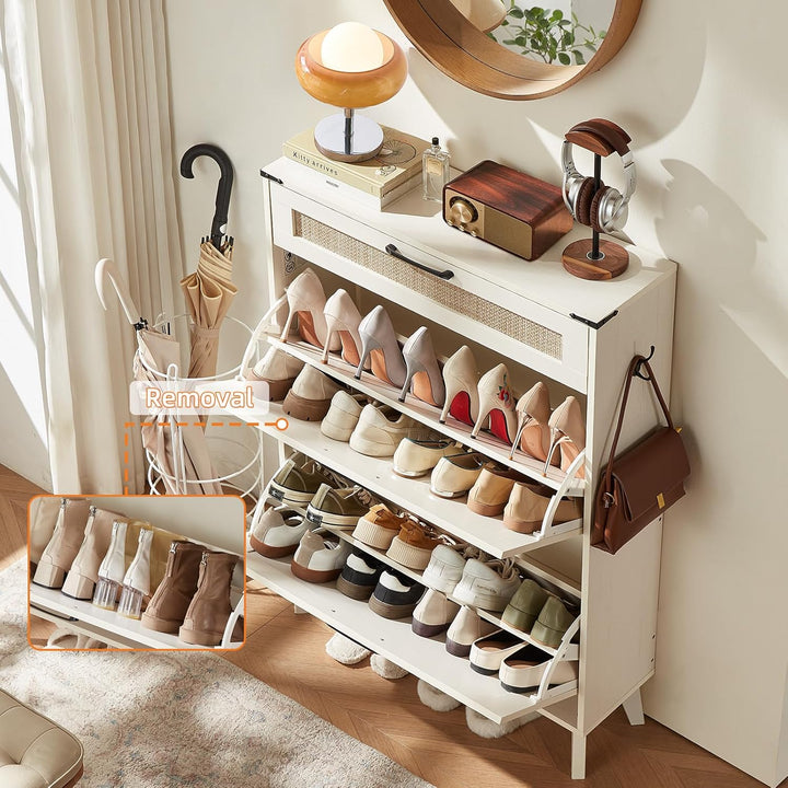 LELELINKY Schuhschrank für den Eingangsbereich mit 2 Rattan-Klappschubladen, schmaler Boho-Schuhschr