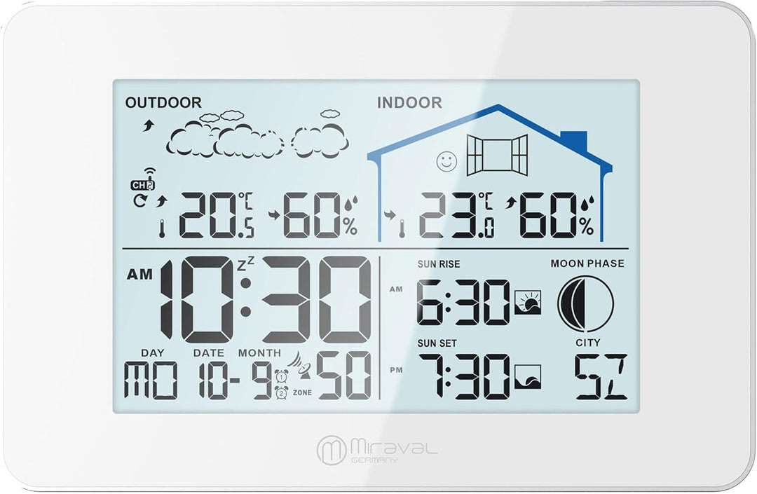 Miraval Funkwetterstation mit Aussensensor Datumsanzeige Mondphase Sonnenaufgang Indoor & Outdoor Lu