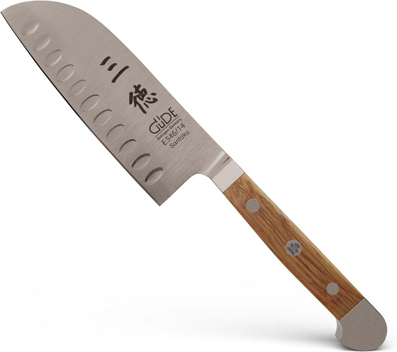 GÜDE Solingen - Santoku Messer mit Kulle geschmiedet, 14 cm, Fasseichenholz, ALPHA FASSEICHE, Doppel