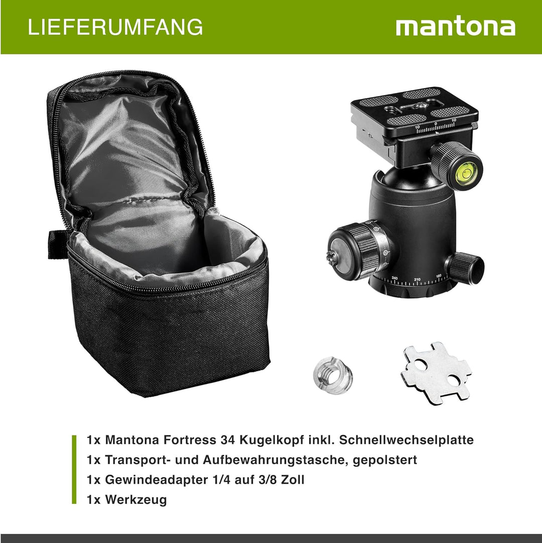 mantona Fortress Kugelkopf mit 34 mm Kugel I 360° Panorama-Funktion &amp; 3 Wasserwaagen I mit Arca Swis