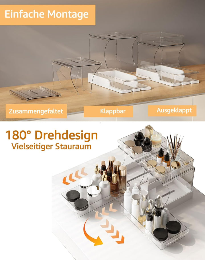 2er Set Badablage Organizer mit Schubladen, 2-stufig drehbar, transparenter Badezimmer Organizer für