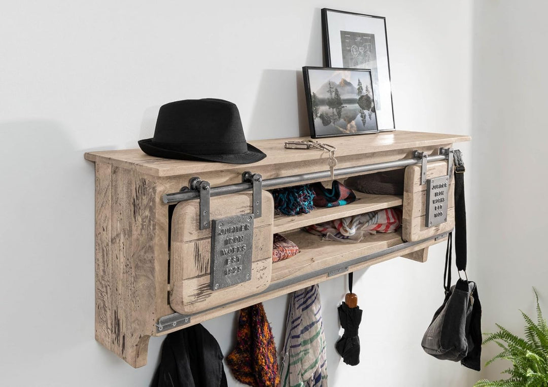 MASSIVMOEBEL24.DE Railway Wandgarderobe 115x30x45 Mango, Farbe:beige lackiert, Grösse:115x30x45 cm (