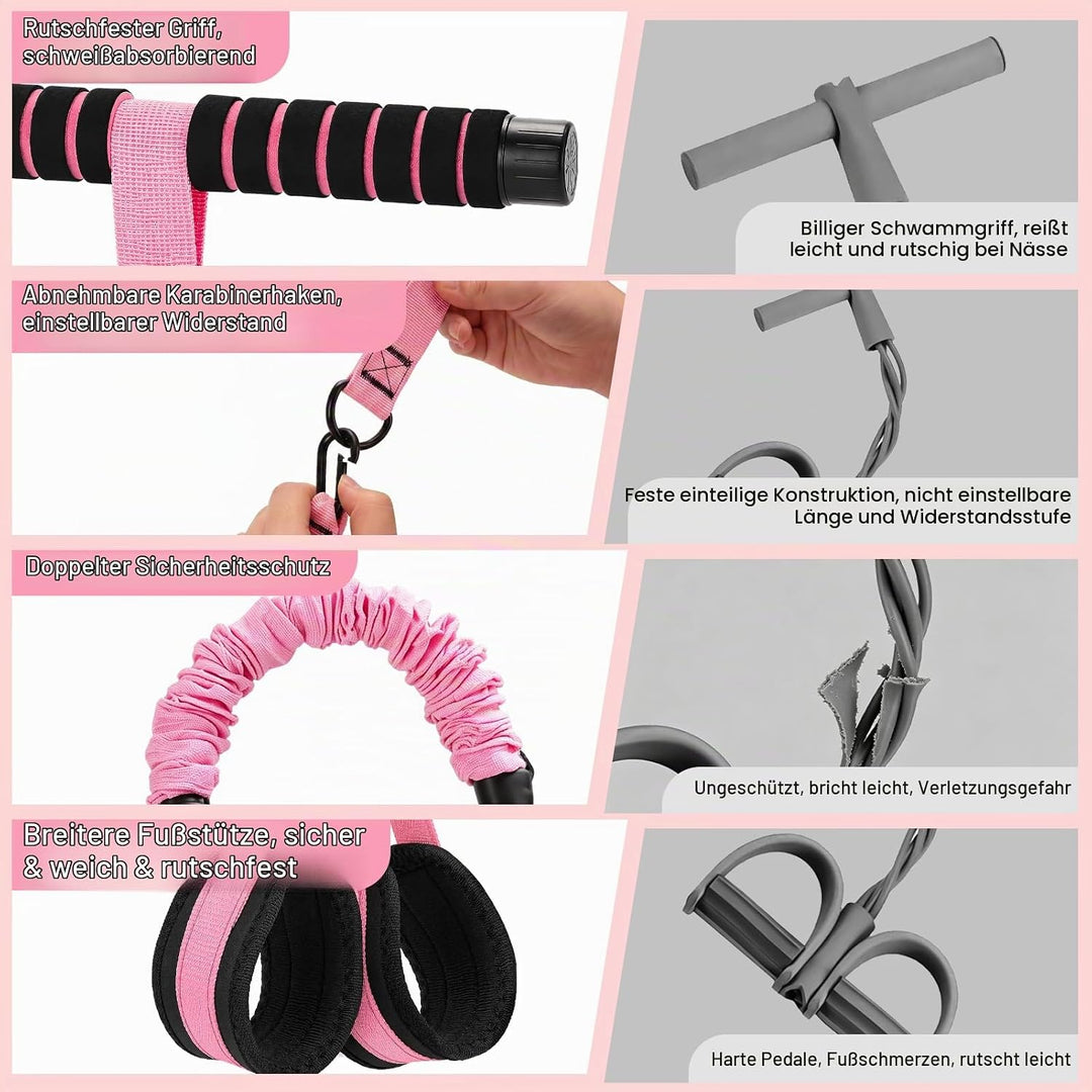 Bauchtrainer Band mit 4 Tubes, Verstellbares Widerstandsband mit Griff Rosa, Rosa