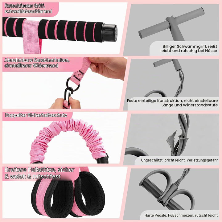 Bauchtrainer Band mit 4 Tubes, Verstellbares Widerstandsband mit Griff Rosa, Rosa