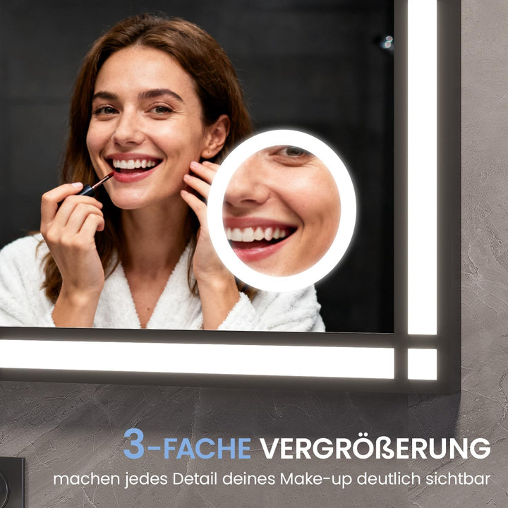 AQUABATOS Badspiegel mit Beleuchtung und Uhr Schwarzer Rahmen Fensteroptik 120x60cm, Badezimmerspieg