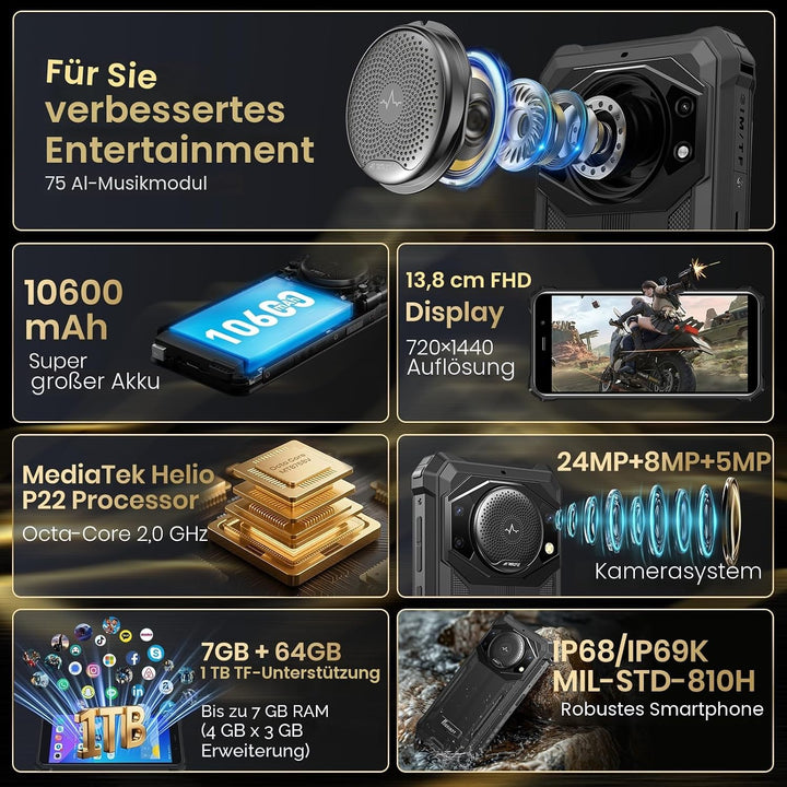 FOSSiBOT F101P 10600mAh Outdoor Smartphone ohne Vertrag,123-dB Lautsprecher Outdoor Handy, 7 GB+64 G
