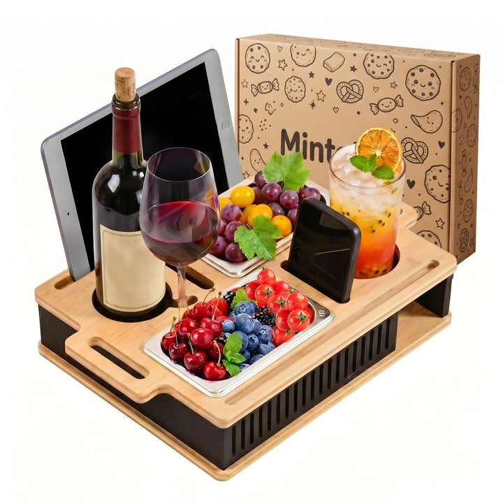 Couchbar Snackbox mit Tablet-Halter – Durchdachte Geschenkidee für Männer & Frauen – Bambus Sofa Tab