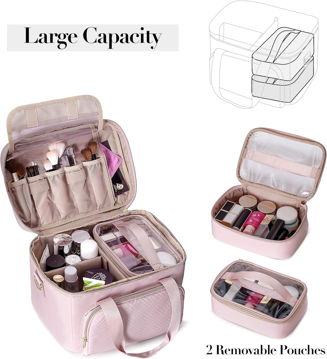 Makeup Tasche Reisetasche mit 2 einzelnen Kosmetiktaschen, grosser Makeup Organizer für Frauen, Rosa