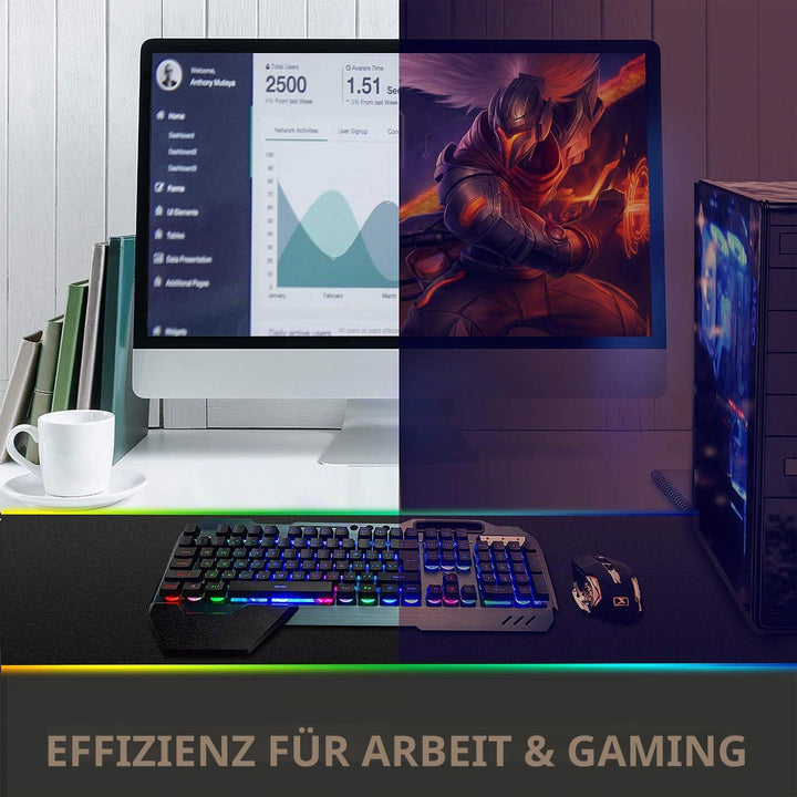 LexonElec Wireless 2.4G wiederaufladbare Tastatur Maus Set 3800mAh Grosse Kapazität Regenbogen-Gamer