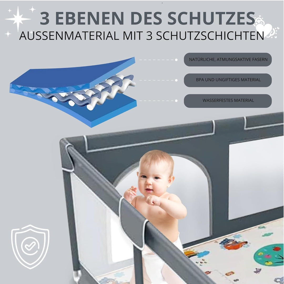 EveryKip® Laufstall Baby 120x120cm, Laufgitter baby mit atmungsaktivem Netz, Baby Laufstall mit Reis