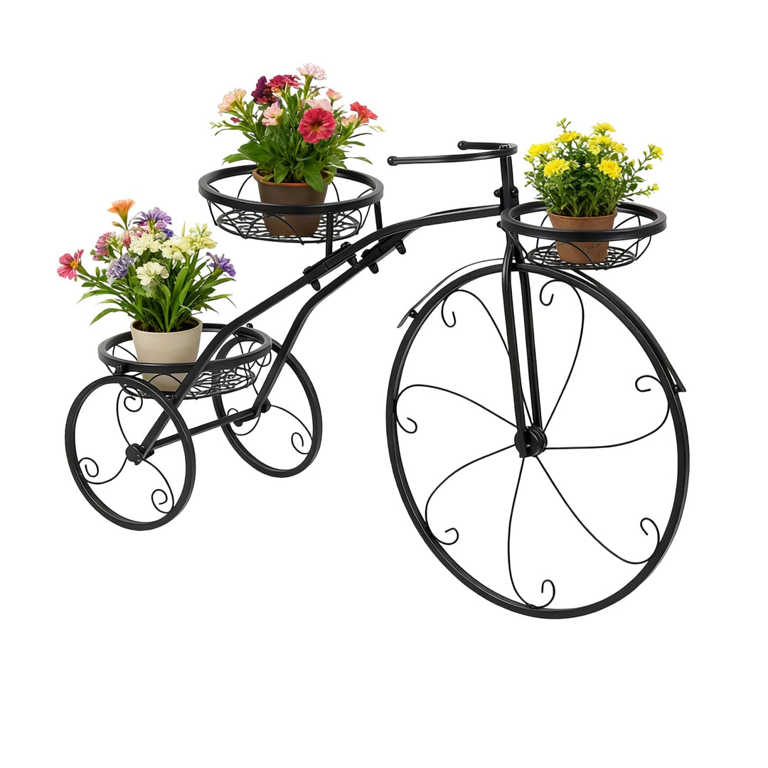 Fahrrad Pflanzenständer Metall Blumenregal mit 3 Körben | Dreirad Pflanzgefäss Dekoration Blumenrad