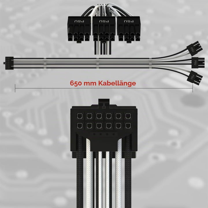 LINKUP - AVA PCIE 5.0 16Pin (12+4) mit Linkswinkel zu 3x8Pin | 16AWG Umhüllt | Kompatibel mit RTX40