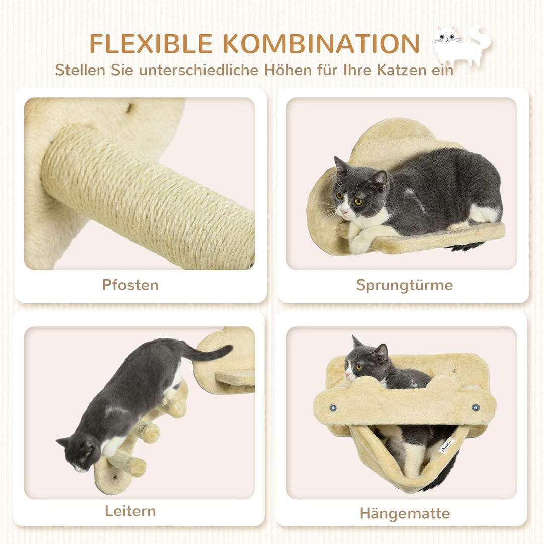 PawHut Kletterwand Katzen, 4-teilig Katzenkletterwand Set, Katzen Wandelemente mit Kaztentreppe, Hän