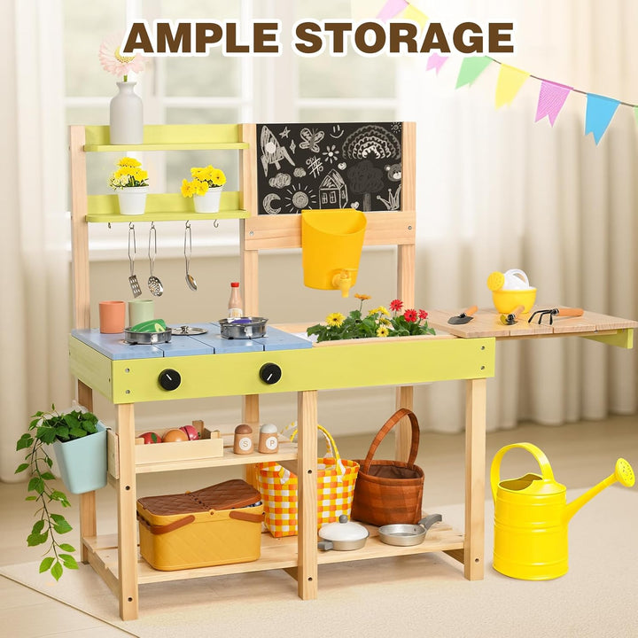 Dreamon Matschküche Kinder Outdoor, Holz-Spielküchenset mit Abnehmbarer Spüle, Kreidetafel, Gartensp