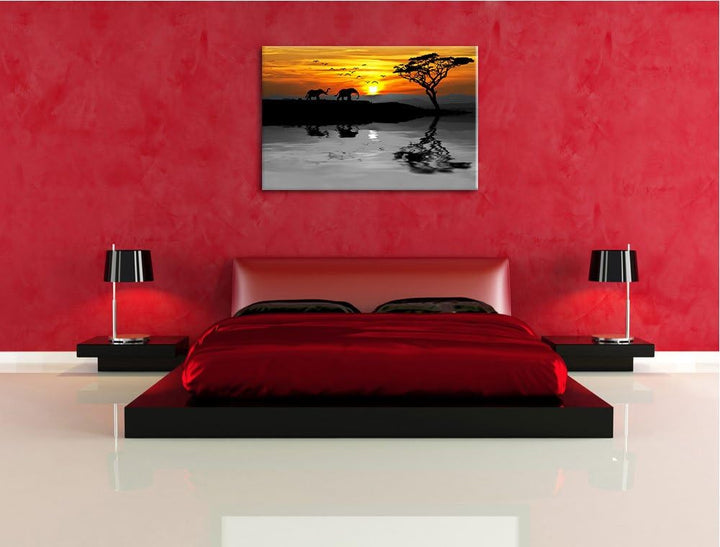 Afrikanische Steppe mit Elefanten schwarz/weiss Format: 100x70 auf Leinwand, XXL riesige Bilder fert