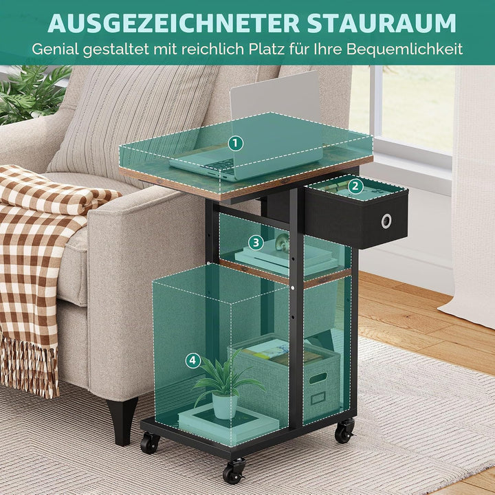 YITAHOME Beistelltisch, C-Form Sofatisch mit Rollen und Schublade，Wohnzimmertisch für Kaffee und Lap