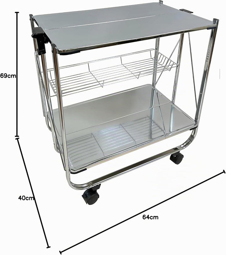abc HOME | Servierwagen Klappbar Verchromt 70cm Hoch – Mobiler Küchenwagen mit Rollen – Platzsparend