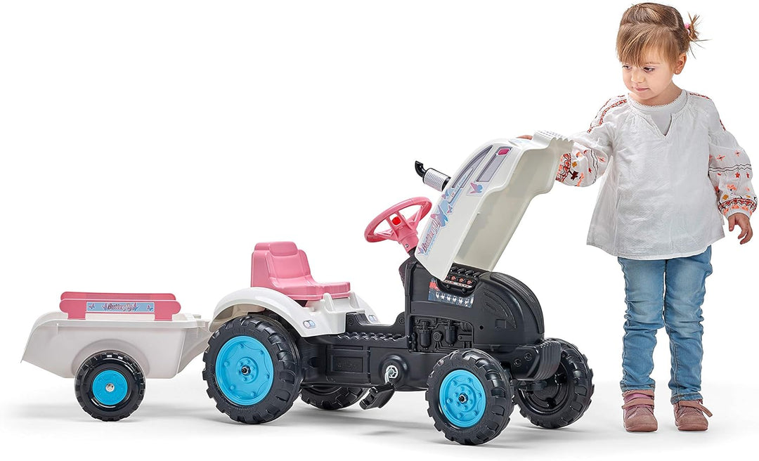 Falk 2042AB Butterfly Farmer Trettraktor mit Klapphaube und Anhänger Traktoren, weiss, Weiss