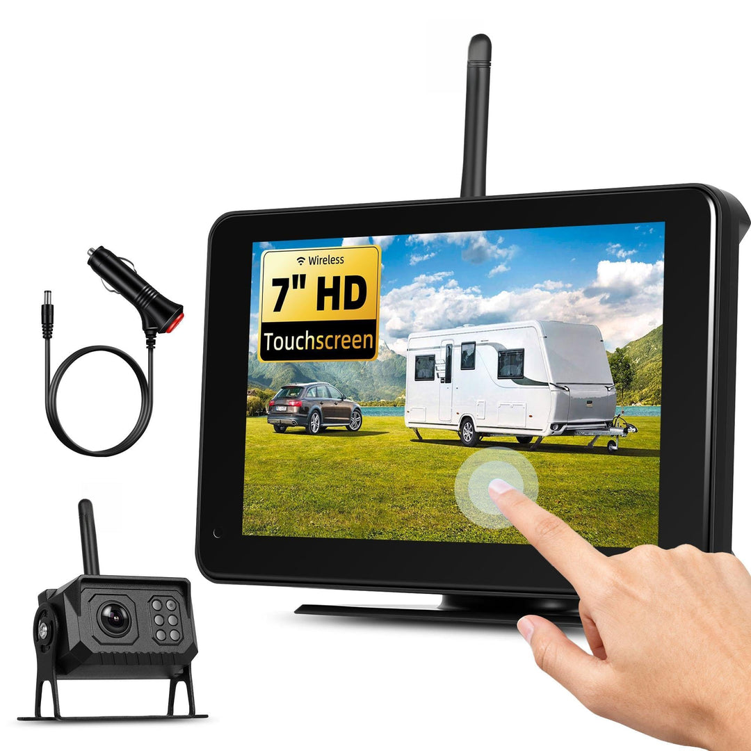 SIXWIN Kabelloses Rückfahrkamera-Set, 7 Zoll Touchscreen Monitor mit 1 IP68 Kabelloser Rückfahrkamer
