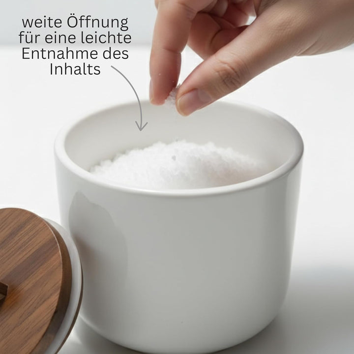 Salztopf Keramik CURVE - Luftdichte Salzdose mit Deckel aus Akazienholz. Grosse Öffnung, Ideal als S