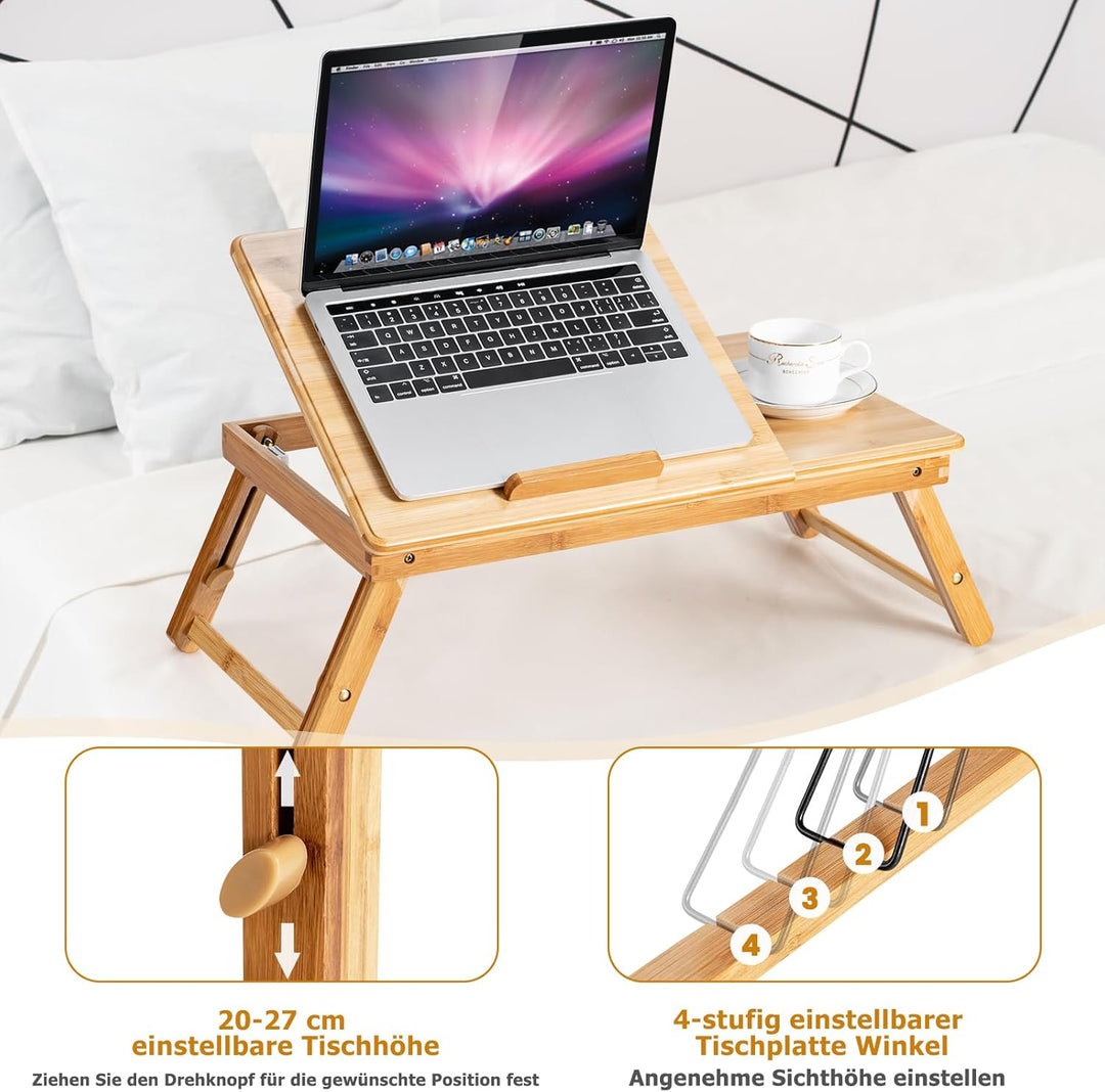 GYMAX höhenverstellbar Laptoptisch, klappbares Betttablett aus Bambus mit kippbarer Platte, ausziehb