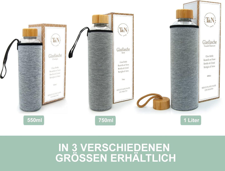 T&N Glasflasche 1 Liter / 750ml / 500ml – Trinkflasche Glas 1l mit Neoprenhülle – Wasserflasche Ausl