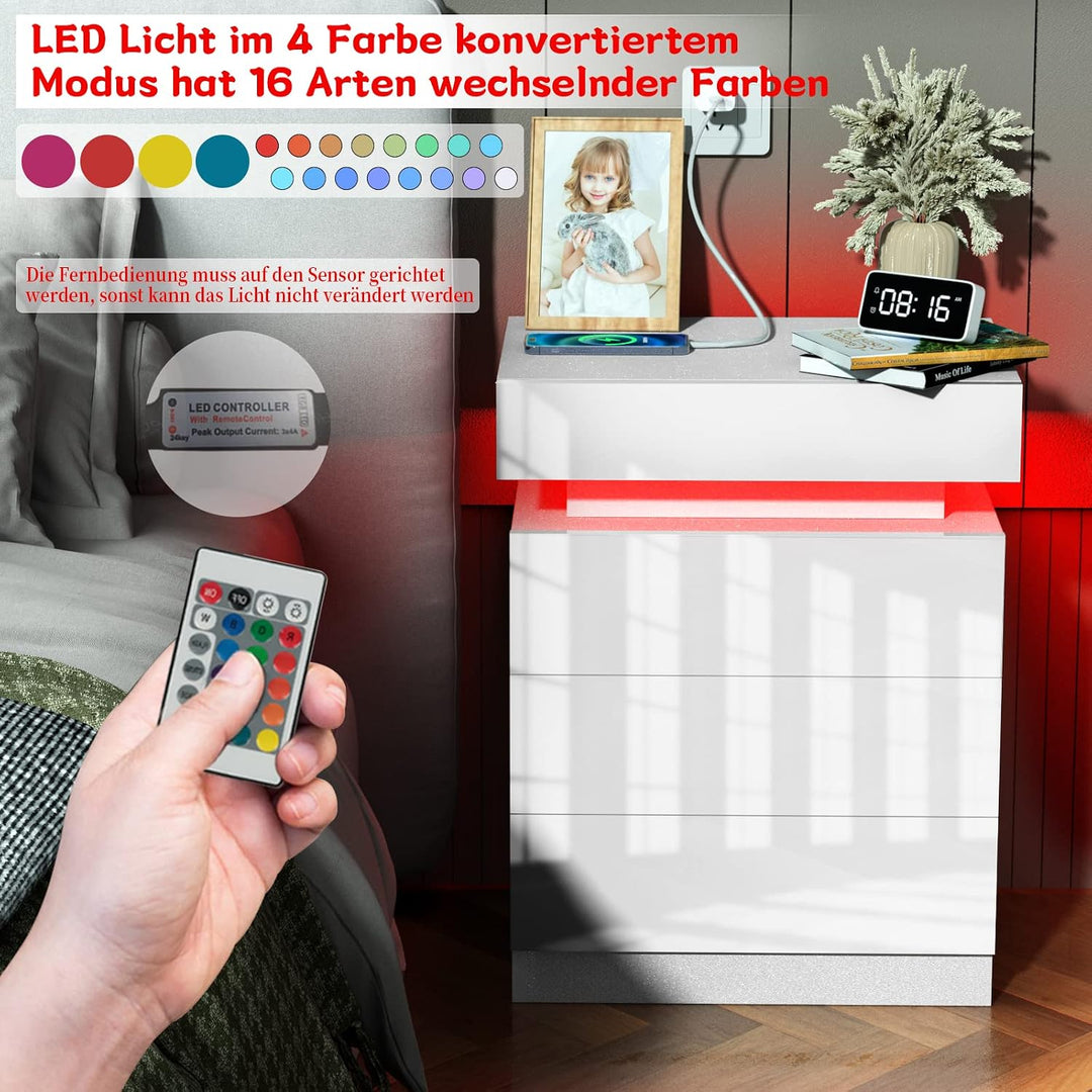 PIPIPOXER Nachttisch mit LED Beleuchtung,Nachttisch weiss mit grossen Stauraum,Nachttische mit 3 Sch