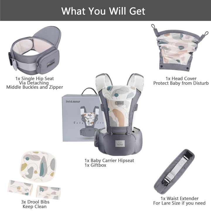 Bebamour Babytrage, ergonomisch, mit Hüftsitz, reine Baumwolle, leicht und atmungsaktiv, mehrere Pos
