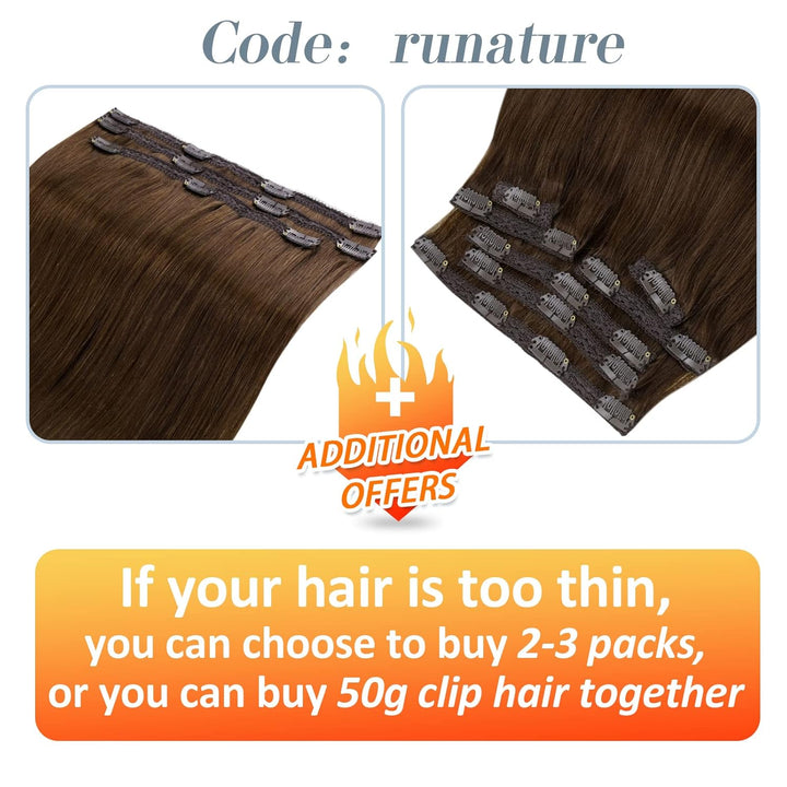 RUNATURE Clip in Extensions Echthaar Mittelbraun Remy Extensions Clips in Echthaar Doppelt Tressen E