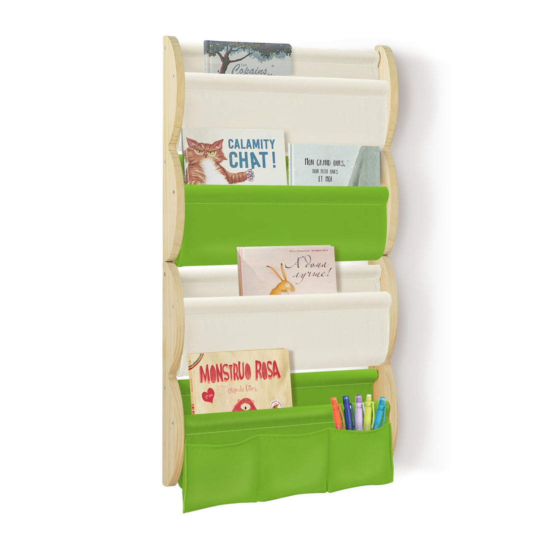 Bücherregal Kinder Wand Kinderbücherregal Montessori mit 4 Ablagen & 3 Taschen Kinderregal Wandregal