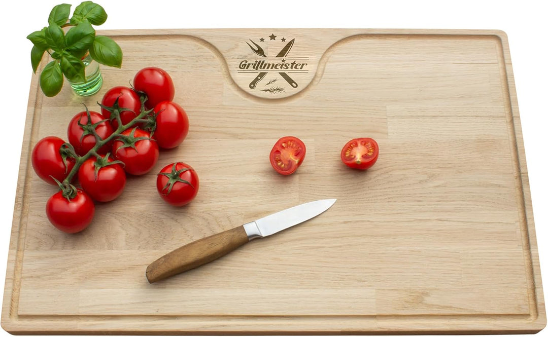 Küchenbrett Eiche 55x35x2 cm – Schneidebrett mit Saftrille & Gravur Grillmeister I Tranchierbrett gr