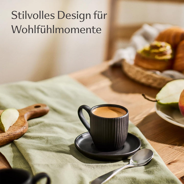 Cosumy Espressotassen Schwarz Matt mit Untertassen 6er Set - 90ml - Streifenmuster Keramik - Spülmas